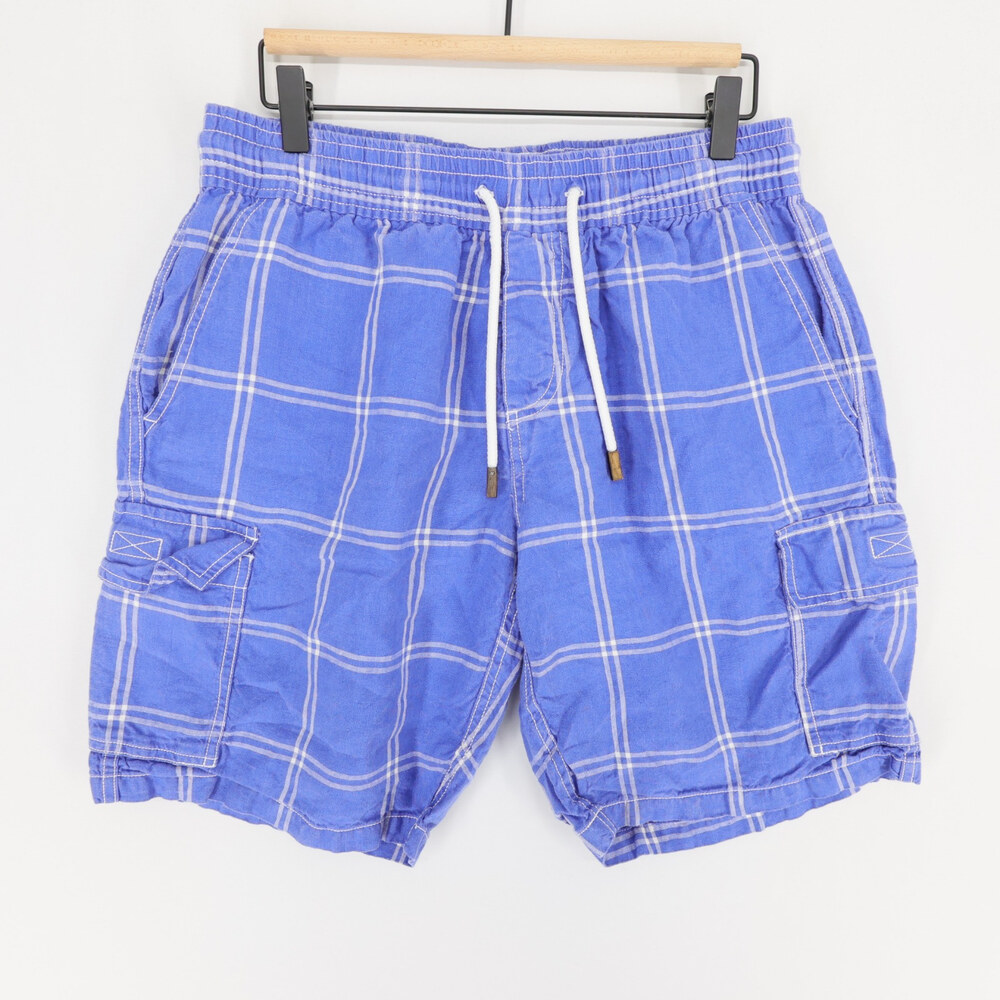 Vilebrequin Baie Cargo Shorts Mens L Blue Plaid Linen Drawstring Bermuda Pockets